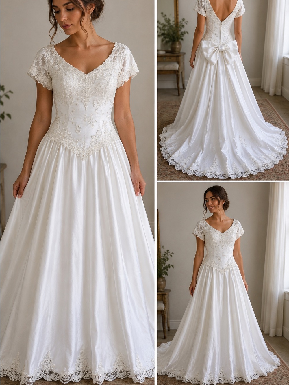 Vintage 1980s Lace Applique Wedding Dress Deep V Back Train Big Bow Cottagecore